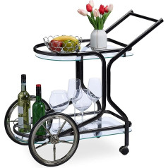 Relaxdays Virtuvės vežimėlis su 2 lentynomis, H x D: 76 x 46 x 82 cm, stiklas ir geležis, šoninis vežimėlis ant ratukų, juodas