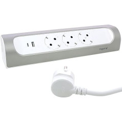 LEGRAND, kampinis kištukinis lizdas, 45° kampu, 3 krypčių kištukinis lizdas, USB-A ir USB-C jungtis, 3000 mA - 5,0 V -15 W MAX, montuojamas ant sienos ir stalo, 2 metrų ilgio kabelis, itin baltas/aliuminis, 694502