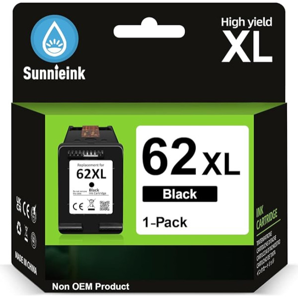 Sunnieink 62 spausdintuvo kasetės Black XL, 62 XL rašalo kasetės, suderinamos su HP 62 Black, 62XL juodos kasetės, skirtos OfficeJet 200 250 5742 5740 Envy 7640 5540 5540 5640 5544 5646 5548 5545 5547 5541 5542