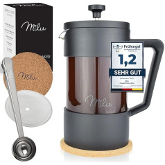 Milu French Press kavos virimo aparatas, 350 ml, 600 ml, 1 l, stiklinis kavos presas, kavos virimo aparatas namams, kelionėms, stovyklavimui, su padėkliuku, šaukšteliu, keičiamuoju filtru (juodas, 1000 ml (5 puodeliai))