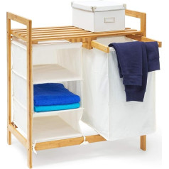 Relaxdays Wäschesammler Linea Bambus HxBxT: apie 77 x 69,5 x 36 cm Wäschepuff mit 40 Litern Volumen 2 Ablagen und 3 Fächern als Wäschebehälter mit Wäschesack aus weißem Stoff und 2 Griffen, natur