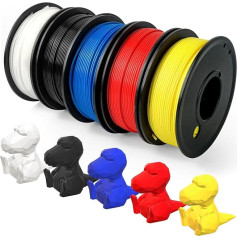 PLA gija 1,75 mm 3D PLA spausdinimo gija, 5 spalvų 3D spausdinimo gijos medžiagos 3D spausdintuvui, matmenų tikslumas +/- 0,02 mm (raudona, mėlyna, balta, geltona, juoda, iš viso 1250 g) 5 vnt.