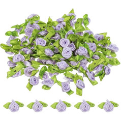 PATIKIL Mini satino rožės 100 vienetų mažų audinio gėlių su žaliais lapais puošmenos Rozetės aplikacijos DIY amatai Siuvimas Vestuvės Šviesiai violetinė