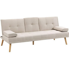 Homcom Sofa lova, 3 sėdimų vietų sofa, sofa lova su atlenkiamu stalu, medžiaginė sofa lova su lino išvaizda, sofa lova su puodelio laikikliu, Skandi dizainas, talpina iki 250 kg, smėlio spalvos