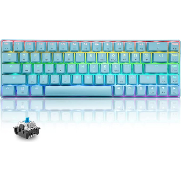 60 % Mechaninė mini klaviatūra, kompaktiška, 68 klavišai, USB C laidinė RGB klaviatūra, 18 chromatinių vaivorykštinio apšvietimo lempučių, nešiojama, suderinama su PS4, Xbox, PC, nešiojamuoju kompiuteriu, Mac - mėlyna/mėlyna jungikliai