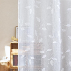 PONY DANCE Svetainės užuolaidos, skaidrios Voile užuolaidos su kilpomis, 2 vnt., H 245 x W 132 cm, lininės užuolaidos su siuvinėjimu, baltos spalvos užuolaidos su lapų raštu