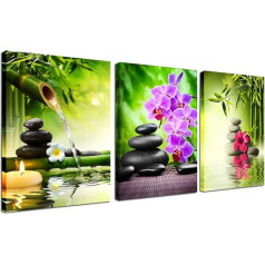 Zen Dekoras Žalioji bambuko drobė Sienų menas 3 skydai įrėminti paveikslai gyvenamasis kambarys miegamasis Virtuvė Namų biuras Akmenys ir Orchidėja Spa Plakatas Natiurmortas Modernus meno kūrinys