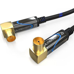 Ultra HDTV TV antenos kabelis 1,5 m koaksialinio kabelio koaksialinis kištukas (90° kampu) su koaksialine jungtimi (90° kampu), metalinis kištukas DVB-T ir DVB-T2, DVB-C, DVB-S, DVB-S2, radijui, VHF, DAB