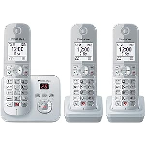 Panasonic KX-TG6863GS belaidis telefonas su 3 rageliais ir autoatsakikliu (užrakinkite iki 1 000 telefono numerių, aiškus šrifto dydis, garsus ragelis, visiškai dvipusis laisvų rankų režimas) Perlo sidabro spalvos