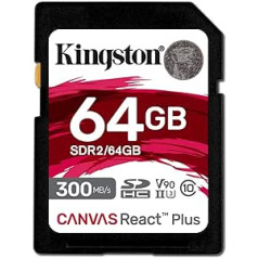 Kingston Canvas React Plus 64GB SDXC atminties kortelė UHS-II 300R/260W U3 V90, skirta Full HD/4K/8K – SDR2/64GB