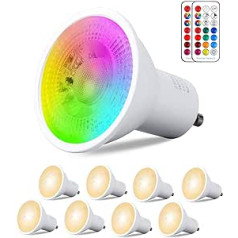 REYLAX GU10 RGB LED spalvų keitimo lempos, 5 W šiltai balta 3000 K pritemdoma lemputė, 50 W halogeninės lemputės, lygiavertės, spalvotos RGB LED taškinės lemputės, LED taškinės lemputės su nuotolinio valdymo pultu (8 vnt.)