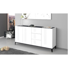 Dmora Šiuolaikinė bufetė su 3 durelėmis ir 3 stalčiais, pagaminta Italijoje, paaukštinta virtuvės bufetė, svetainės dizaino bufetas, cm 160x40h82, blizgi balta ir šiferio spalva