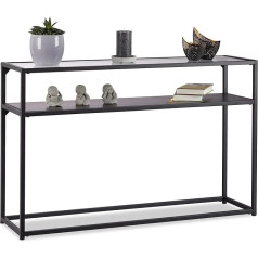 Relaxdays Konsolinis staliukas Stiklinis permatomas stalviršis Metalinis rėmas Lentyna 4 kojos DxŠxVxG: 70,5 x 110 x 30 cm, juodos spalvos.