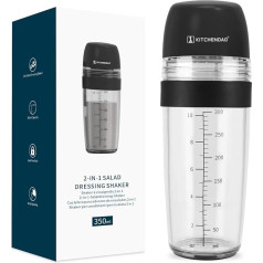 KITCHENDAO 2-in-1 salotų padažo plakiklis su sulčiaspaude, piltuvėliu, nepralaidus skysčiui, matavimo indelis, indelis salotų padažui, saugus indaplovėje, be BPA, indelis padažui, salotų padažo plakiklis, 350 ml, juodas