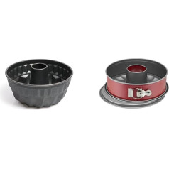ORIGINAL KAISER Classic Bundt Cake Mold 24 cm, apvali Bundt Cake Forma, torto skarda, nesvylanti danga, tolygiai paruduoja ir Classic Plus Springform Cake Forma 26 cm su plokščiu ir vamzdeliniu pagrindu, 2 pagrindai, raudona