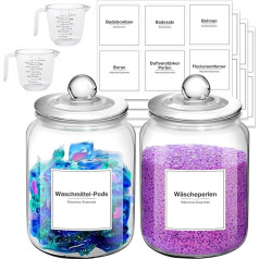 Waschmittel Pods Aufbewahrung Glas, 3L Waschpulver Glasbehälter Vorratsdosen mit Deckel Luftdicht und 32 Aufkleber, 2 Löffel und Schaufeln, Mehl behälter, für Reis, Nudeln, Schokolade