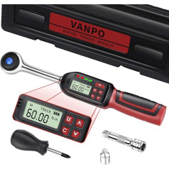 VANPO skaitmeninis dinamometrinis veržliaraktis 3/8 colio dviračių ir motociklų rinkinys, ± 2 % paklaidos tikslumas, 3-60 Nm dinamometrinis veržliaraktis su 7,5 cm prailginimo strypu, 1/4 colio adapteriu