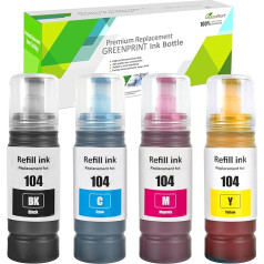 4 pakuotės suderinamų 104 rašalo talpyklų 4500 juodų puslapių 7500 puslapių CMY, skirtų Epson ET-2710 ET-2711 ET-2712 ET-2714 ET-2715 ET-2720 ET-2721 ET-2726 ET-4700 ET-28 10 ET-102815 ET-2820 ET-2821 ET-2825
