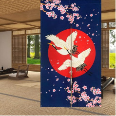 LIGICKY Japoniško stiliaus storas lininis audinys Noren Ilga užuolaida Durų užuolaida Kambarių atitvarų gobelenas namų tekstilei 85 x 150 cm, mėlyna, vyšnių žiedai, baltos gervės ir raudona saulė