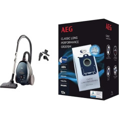 AEG VX82-1-2ST Dulkių siurblys su maišeliu/Automatinis siurbimo galios reguliavimas/Paprastai tylus net ir ant kilimų/600W/Benzinas ir GR201SM s-Bag dulkių siurblio maišeliai Classic Long Performance MegaPack / Balta