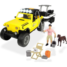 Dickie Toys Playlife-Angler Set, Jeepster Commando Geländewagen, Bootsanhänger mit abnehmbaren Schlauchboot, inkl. Figur und Hund, Licht & Sound, inkl. Batterien, 18- teiliges Set, 41 cm, ab 3 Jahren