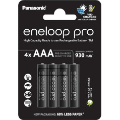 eneloop pro, AAA/Micro NI-MH Akku, 4er-Pack, Kapazität mit min. 930 mAh, Ready-to-Use NI-MH Akkus, bis zu 500 Mal wiederaufladbar, plastikfreier Verpackung, pro, schwarz