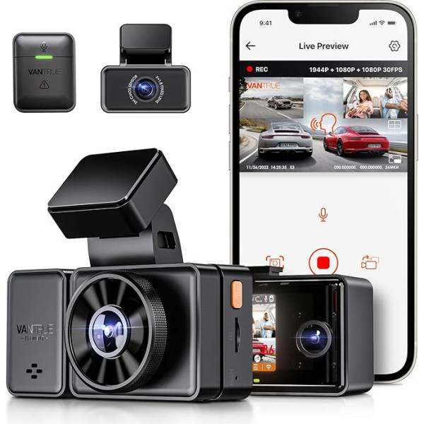 VANTRUE E3 3 objektyvų 2.7K Dash Cam su 5GHz WiFi, 1944P + 1080P + 1080P Dash Cam, Voice Control Dashcam Car Front Rear IR Night Vision, 24 val. buferis Parkavimo režimas Dashcams, Loop Recording, Max 512G