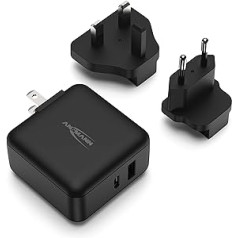 ANSMANN kelioninis USB įkroviklis 30 W greito įkrovimo universalus kelioninis adapteris kelioninis kištukas su 1 x USB A prievadu + 1 x USB C ir kintamosios srovės lizdo adapteris su suderinamais keičiamais kištukais, skirtais JAV JK Europos adapter