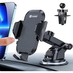 Andobil automobilinio telefono laikiklis [3 viename] [Stabilus] Universalus automobilinio telefono laikiklis su spaustuku ir siurbtuko 360° pasukimu viena ranka, skirtas visiems telefonams (iPhone 14), automobiliui, GPS