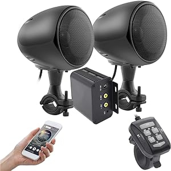 iMESTOU motociklo stiprintuvo garso sistema su AUX, MP3, FM radiju, 4 colių vandeniui atspariu Bluetooth stereo garsiakalbiu, tinka 1–1,5 colio vairo motociklams ATV UTV RZR