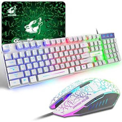 Žaidimų klaviatūros ir pelės rinkinys, itališkas išdėstymas QWERTY Rainbow LED foninis apšvietimas Ergonomiška klaviatūra 6 mygtukai 2400 DPI pelė ir pelės kilimėlis, USB laidinis, suderinamas su PS4 Xbox, baltas