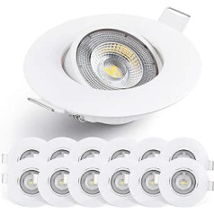 Emos LED įleidžiamas prožektorius, 230 V, 5 W / 450 lm, 50° pasukamas, šaltai baltas 6500 K (dienos šviesos baltas) įleidžiamas prožektorius, plokščias 68 mm skylės dydis, 12 LED taškų rinkinys, apvalus (korpuso spalva balta)