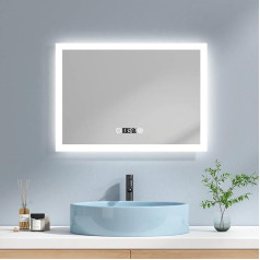 Emke Vonios veidrodis su apšvietimu 70 x 50 cm LED vonios veidrodis su 3 šviesos spalvomis Vėsiai balta neutrali šilta balta šviesa Veidrodis su apšvietimu ir jutikliniu jungikliu Priešuždegiminis laikrodis IP44