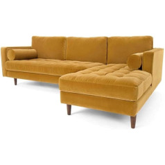 Yrra Vidurio amžiaus moderni aksominė sofa su dviem minkštomis pagalvėmis, 2 sėdimos vietos/3 sėdimos vietos/šezlongas svetainei (geltonas šezlongas kairėje)