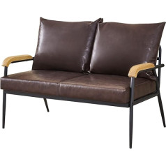 Ofcasa 2 sėdimų vietų sofa Paminkštinta dirbtinės odos lovos sofa su paminkštintomis pagalvėlėmis ir metalinio rėmo foteliu Maža dvigulė sofa miegamajam, svetainei, biurui, sodui, rudos spalvos