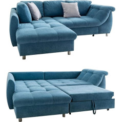 Luma-Home Schönes Für Dein Zuhause Moderni kampinė sofa su miego funkcija ir miegamojo lova, atraminė banga, jauki L formos sofa, 250 x 190 cm, ilgas krėslas, kairėje pusėje, sofa su mikropluošto audiniu, mėlyna, 2 dekoratyvinės pagalvėlės, pi