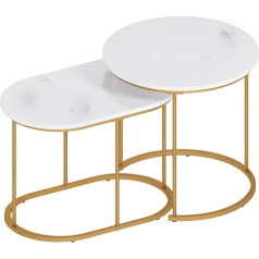 Sogesfurniture 2 kavos staliukų rinkinys, svetainės staliukas, šoninis staliukas, sofos staliukas, kavos staliukas, lizdinis staliukas su marmuro raštu, auksinis metalinis rėmas, skirtas svetainei, balkonui, baltas