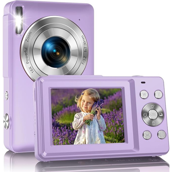 Amdeurdi Vlogging skaitmeninis fotoaparatas, įkraunamas skaitmeninis fotoaparatas su 16x priartinimu, kompaktiškas fotoaparatas, FHD 1080P, 44MP, kompaktiškas skaitmeninis fotoaparatas pradedantiesiems, fotografijai, su 1 baterija, violetinės spalvos