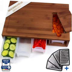 ACHOLUNE® XXL pjaustymo lenta su trupinių dėže, pagaminta iš aukštos karbonizacijos bambuko, su 4 x žievelės priedais ir dangteliu Frankfurto lenta Medinė pjaustymo lenta