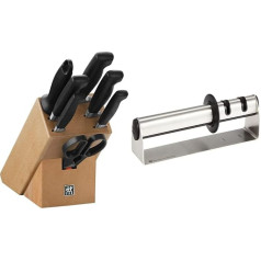 ZWILLING peilių blokas, 8 dalių, medinis blokas, peiliai ir žirklės iš nerūdijančio plieno / plastikinė rankena, keturios žvaigždutės ir 32601-000 peilių galąstuvas 20 x 5 x 5 cm