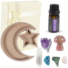 Soulnioi Crystal Holder Tray (Pentagrama + Mėnulis) Dekoratyvinis papuošalų padėklas Crystal Stones Essential Oils with Clary Sage Essential Oil 6 neapdoroti kristalų akmenys su subtilia dovanų dėžute