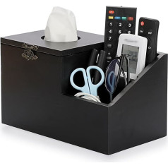 BTSKY Quadratische Taschentuchbox-Abdeckung aus Holz mit Seitentaschen - Rustikaler Schreibtisch-Organizer, Taschentuchhalter aus Holz für Home Office Schminktisch, Holztisch-Aufbewahrungsbox Halter,