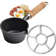 Ketaus mini keptuvė, ketaus, maža keptuvė su medine rankena, mini keptuvė padažams, su dujinės viryklės rėmu, skirta stovyklauti, karštam aliejui, karštam pienui, šoninei, kumpio gabalėliams