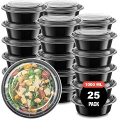 AKOLAFE 25 indelių pakuotė, 1000 ml, apvali maisto dėžutė su dangteliu, plastikinė, mikrobangų krosnelės indai, hermetiška pietų dėžutė, juoda talpykla, storas indelis (skersmuo 17,5 cm, aukštis 6 cm)