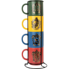 GRUPO ERIK Hario Poterio kavos puodelių rinkinys, sudarytas iš 4 Hogvartso namų - keraminiai kavos puodeliai Gryffindor, Slytherin, Ravenclaw ir Hufflepuff - puodelių rinkinys po 300 ml