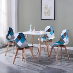 Grandca Home Valgomojo stalas ir 4 valgomojo kėdės, modernus valgomojo kambario komplektas, balti apvalūs stalai ir medžiaginis sėdynių apmušalas, Patchwork virtuvės kėdės, mėlyna spalva