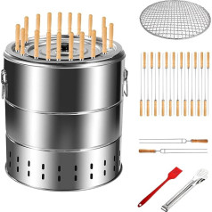 GXONE Rauchfreier Edelstahl-Holzkohlegrill, tragbarer Holzkohlegrill mit 20 Schaschlikspießen und Grillzubehör-Set, kleine Größe, Durchmesser 34 cm