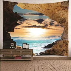 Gobelenai dideli 300 x 250 cm, pakabinamas urvas, gobelenas su motyvais, jūros saulėlydžio grotos uolos namų dekoravimui (ruda, mėlyna, poliesteris)