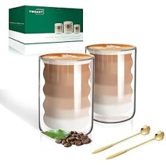 twoant Latte Macchiato stiklinių rinkinys (2 x 400ml) dvisienės stiklinės, dvisienės kavos stiklinės, arbatos stiklinės, cappuccino stiklinės, ledinės kavos stiklinės, termo stiklinės, dvisieniai espreso puodeliai, stiklinė su 2 šaukštais
