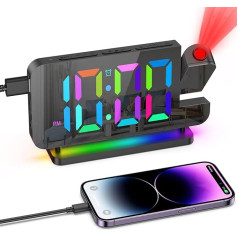 OQIMAX projekcinis žadintuvas, 7 colių LED RGB skaitmeninis žadintuvas su 10 spalvų naktine šviesa, projekcinis laikrodis, skaitmeninis žadintuvas su 180° projekcija, 6 lygių reguliatorius, 